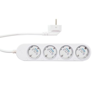 Weiße Shelly Power Strip 4 Gen4 smarte Steckdosenleiste mit vier Steckdosen und Kabel.