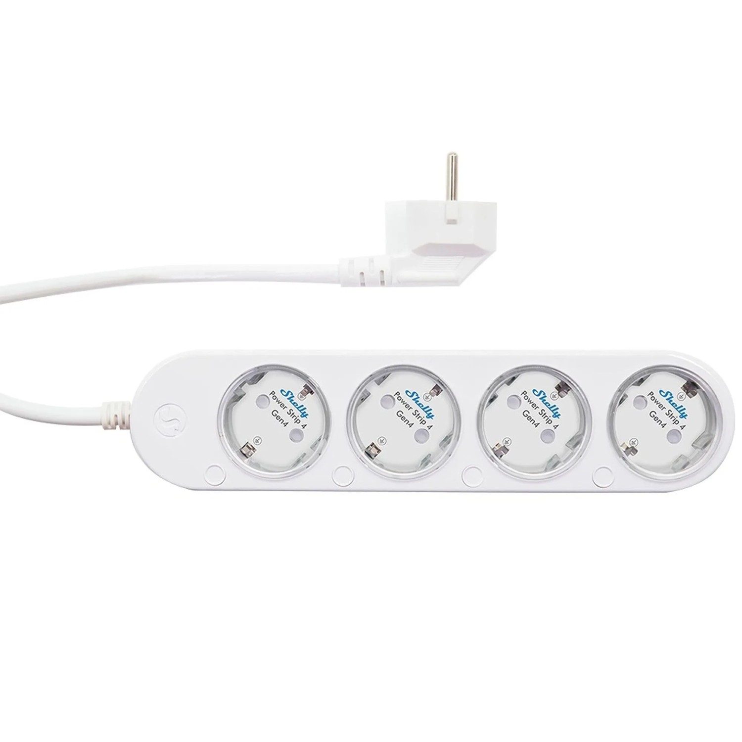 Weiße Shelly Power Strip 4 Gen4 smarte Steckdosenleiste mit vier Steckdosen und Kabel.