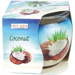 HS Candle Duftkerze Coconut im Glas mit Kokosnuss Motiv für entspannte Atmosphäre.