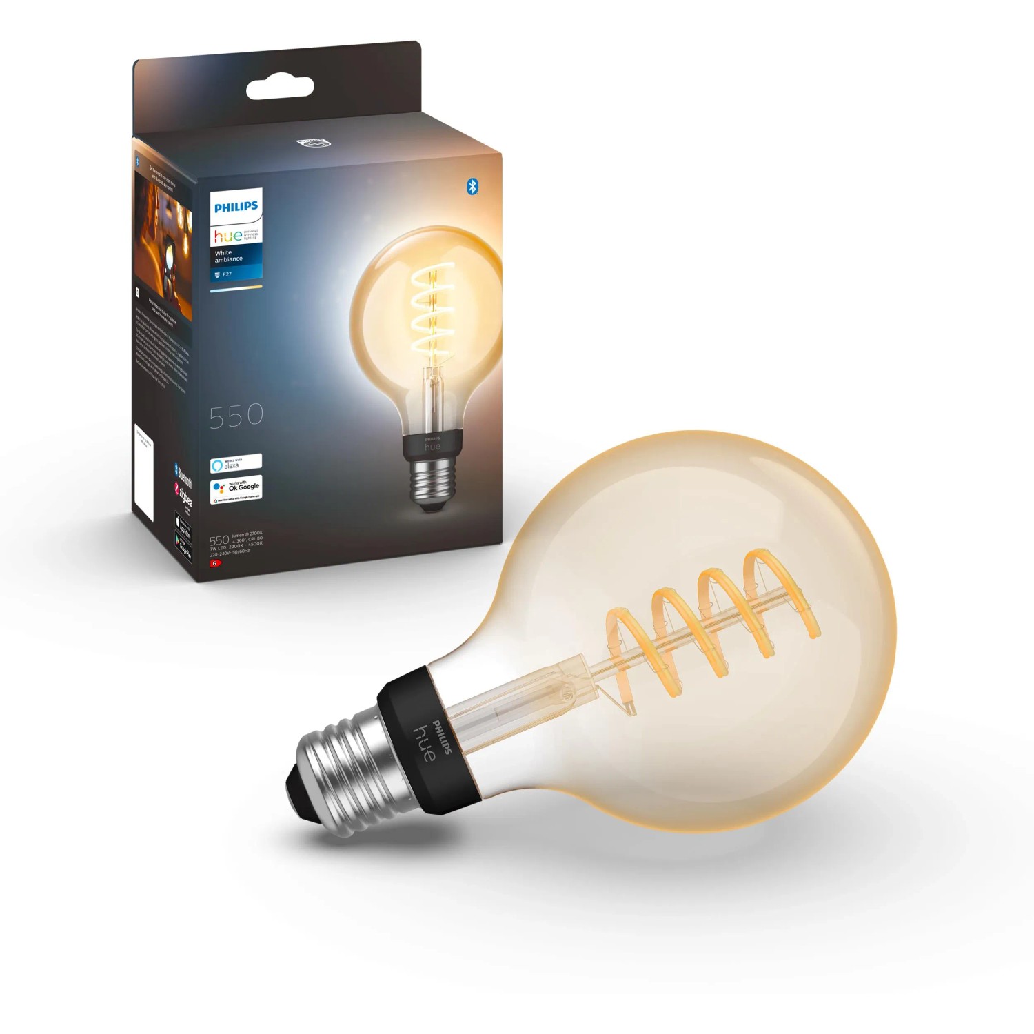 Philips Hue White Ambiance Filament G93 E27 LED-Lampe, 550 lm, Vintage-Look.