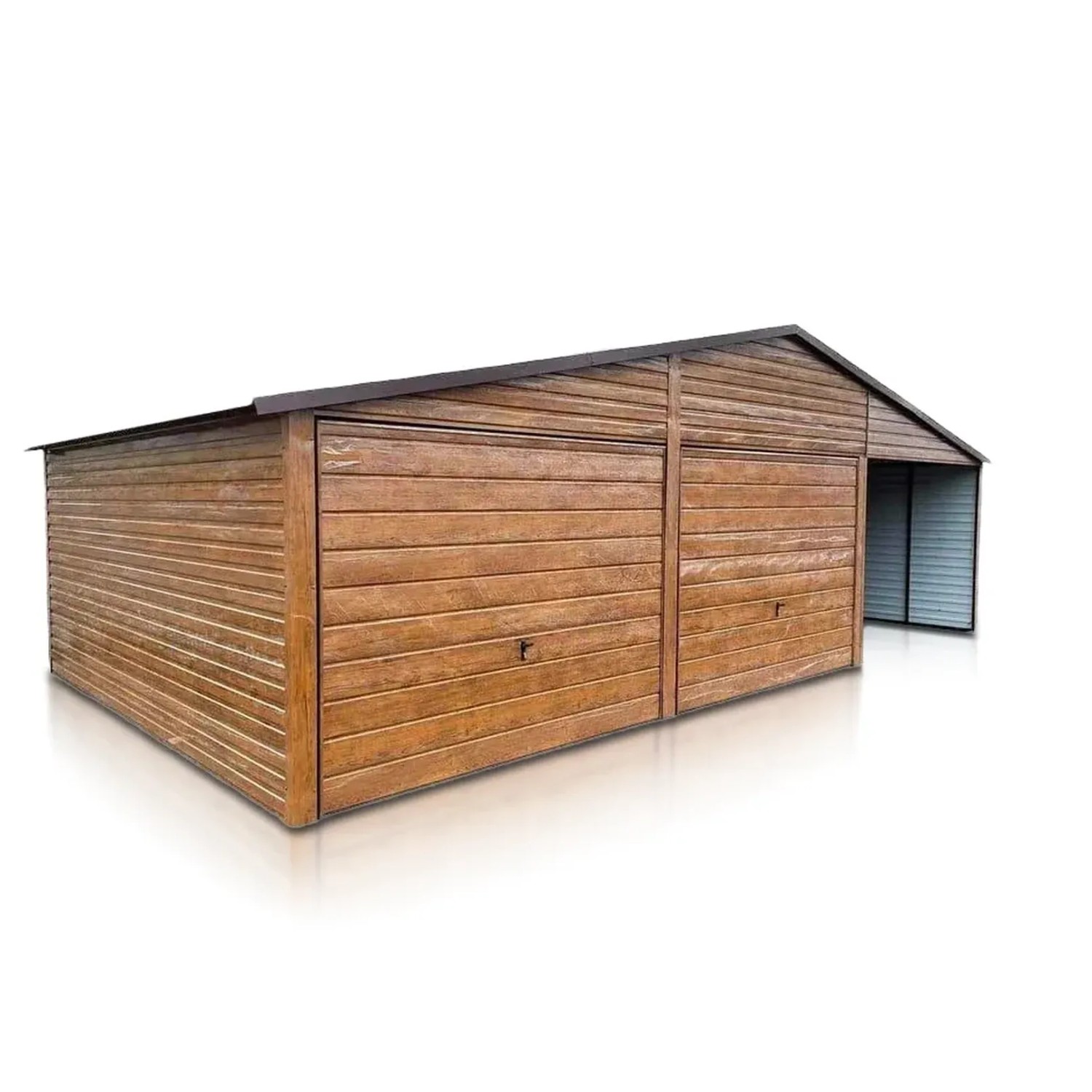 Liderstal Doppelgarage Premium aus Blech 600 x 500 cm mit Carport Satteldach Holzähnliche Goldene Eiche