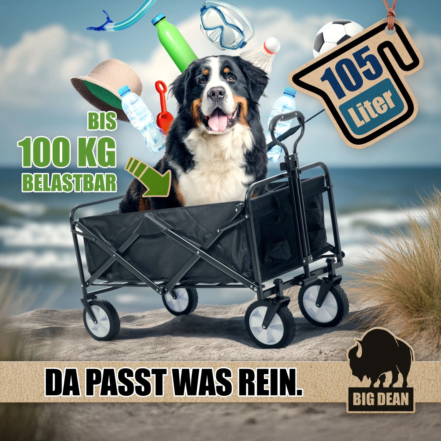 BigDean Bollerwagen, faltbar, mit Hund, Spielzeug und Strandutensilien. Traglast bis 100 kg.
