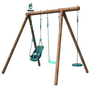 Soulet Holzschaukel Tiago mit Babyschale und zwei Schaukeln. Braun imprägniertes Holz mit Frosch-Deko.