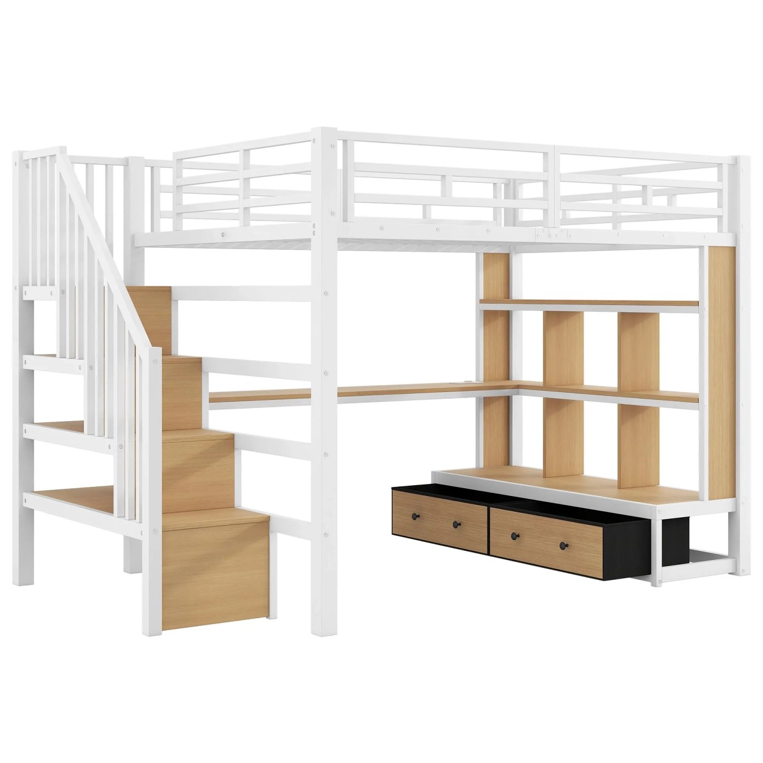 okwish Metall Hochbett 140x200cm mit Schreibtisch Regal Schubladen und Treppe Weiß ohne Matratze
