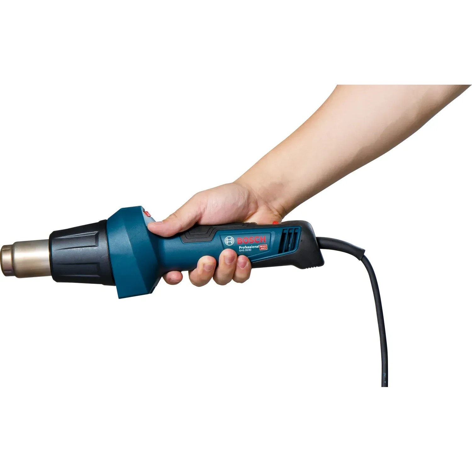 Bosch Professional Heißluftgebläse GHG 20-60 in Hand, blau/schwarz.
