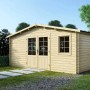 Holz-Gartenhaus Altanka 25 m² mit Doppeltür und Fenster im Garten.