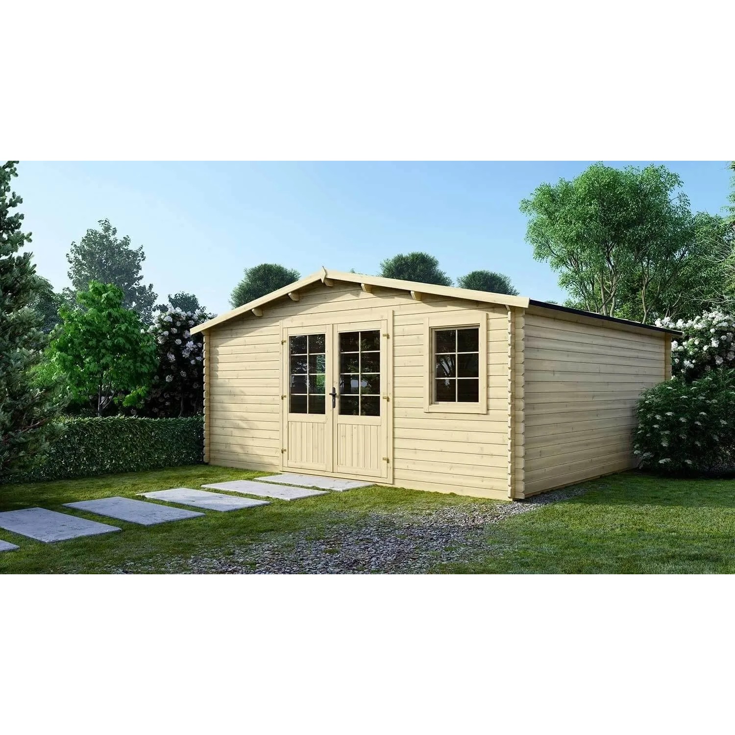Holz-Gartenhaus Altanka 25 m² mit Doppeltür und Fenster im Garten.