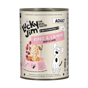 Lucky Jim Hunde-Nassfutter Adult Rind & Lamm, 400g Dose. Alleinfutter für ausgewachsene Hunde.