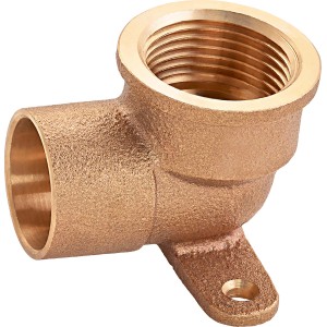 Löt-Übergangswinkel aus Rotguss, 22 mm x 24,1 mm (Rp 3/4) mit Wandscheibe für Kupferrohrinstallationen.