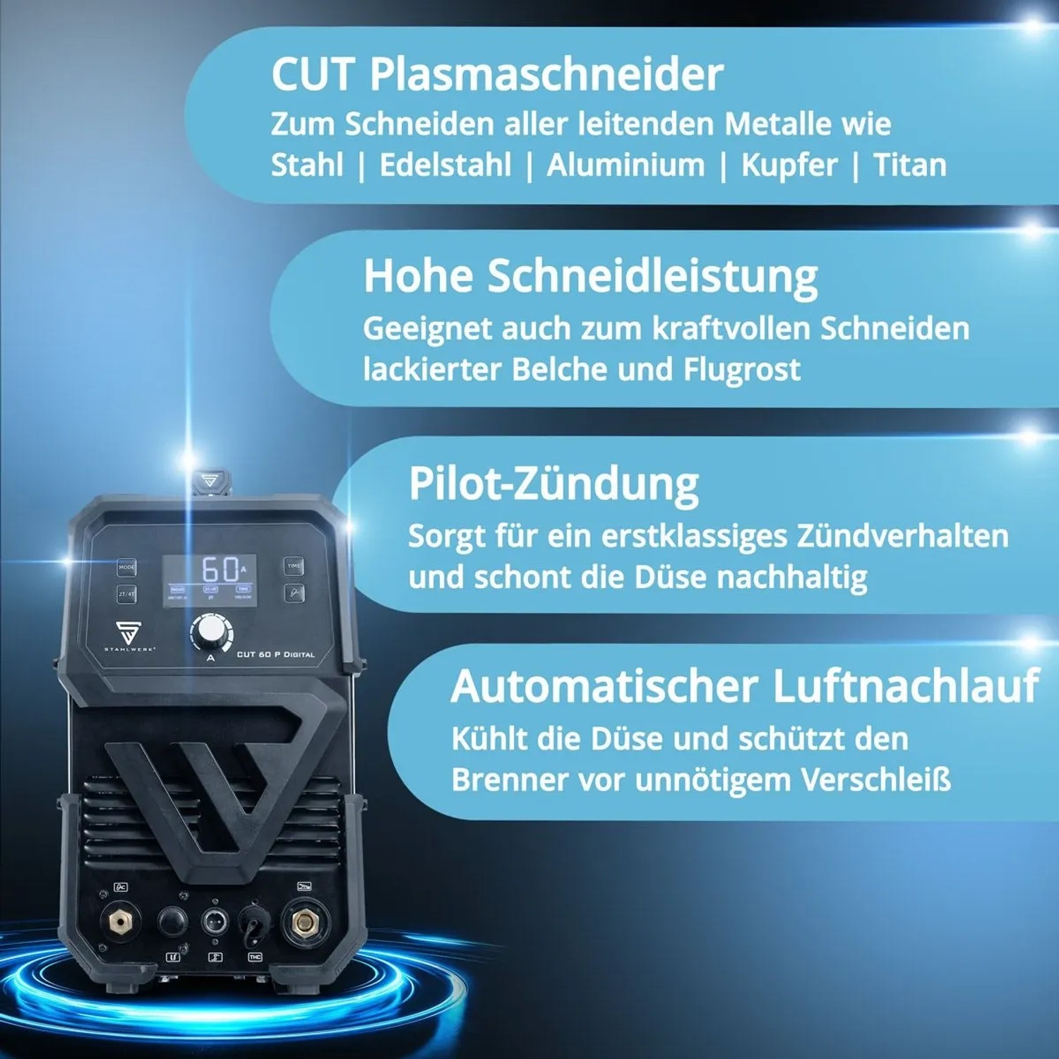 STAHLWERK CUT 60 P Digital Plasmaschneider mit 60 Ampere Schneidleistung für präzise Metallschnitte.