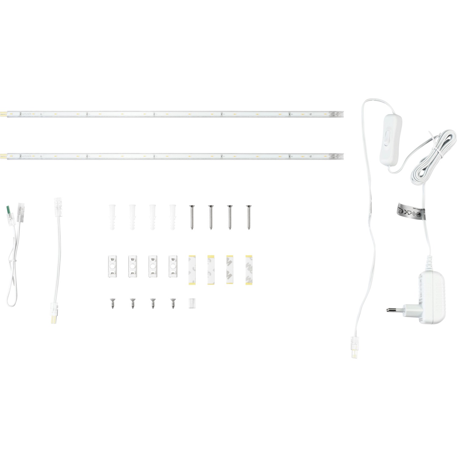 2er-Set weiße LED-Lichtleisten zur Unterbaumontage mit Zubehör.