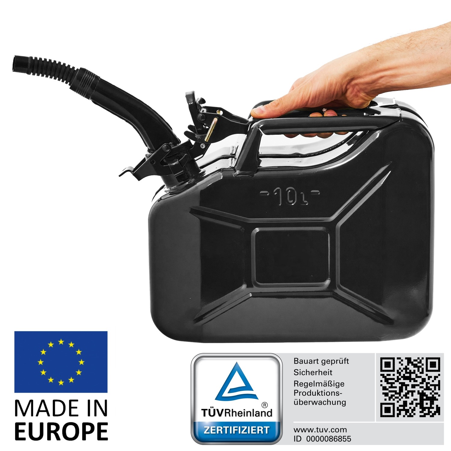 Schwarzer 10L Metall Kraftstoffkanister mit Ausgießer, TÜV-geprüft, für Benzin, Diesel & E10.