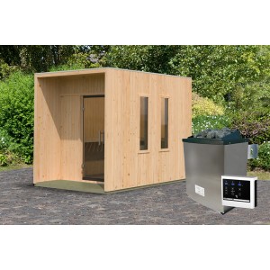 Karibu Saunahaus Rapallo, naturbelassen, mit Ofen und externer Steuerung. Holzsauna für den Garten.