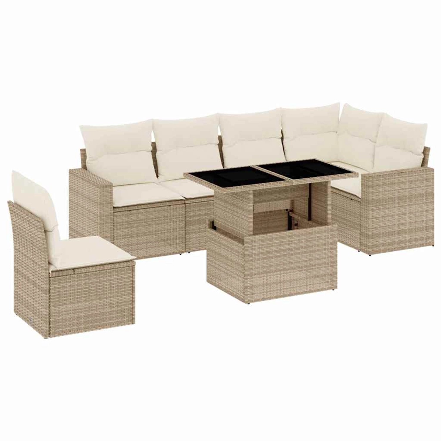 vidaXL 7-Tlg Garten-Sofagarnitur mit Kissen Beige Poly Rattan 3267308