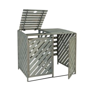 Graue MCW Mülltonnenverkleidung J44 für 2 Tonnen, Holz, mit Tür und Deckel geöffnet.