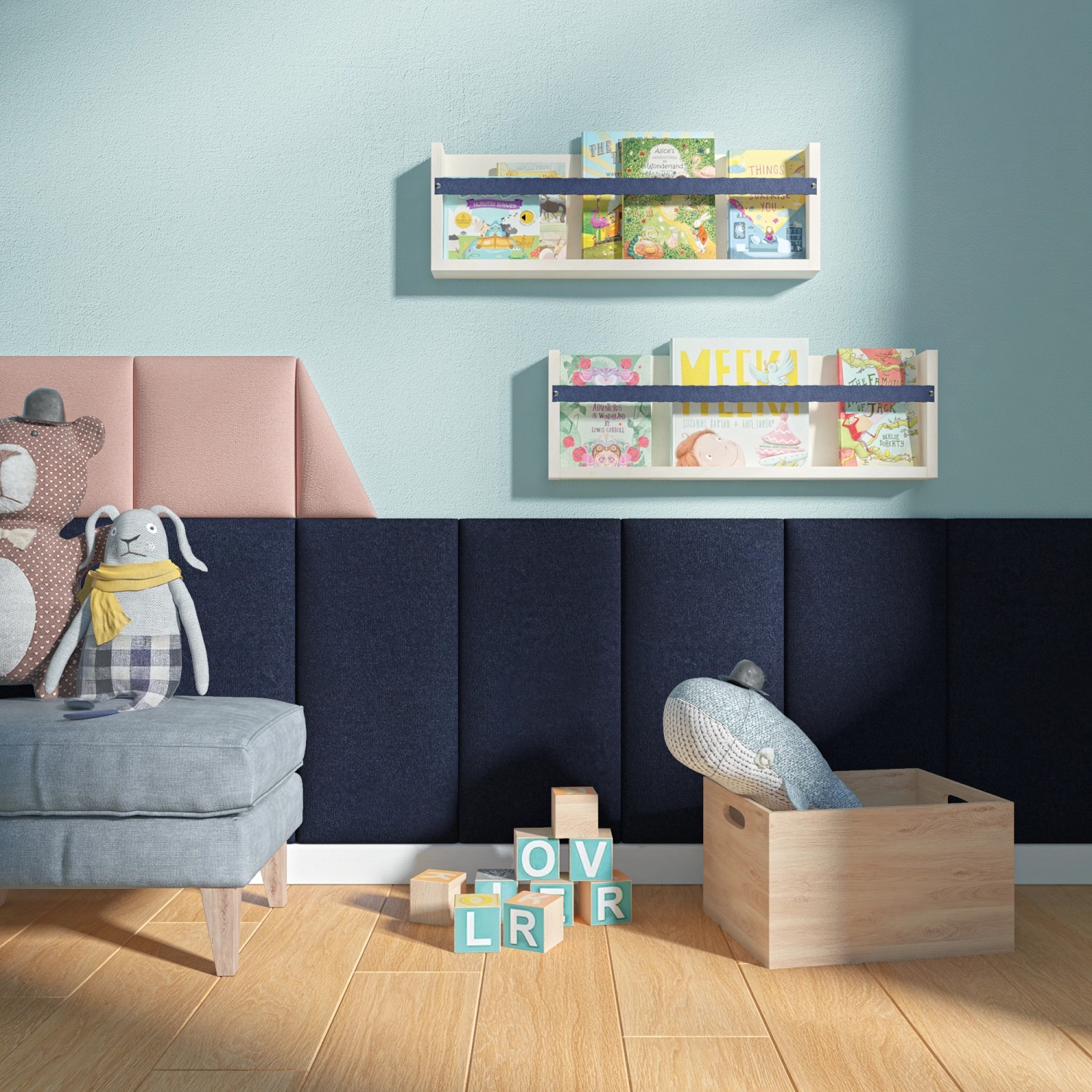 Rosa Wandkissen Quadrat (30x30 cm) aus Samt als Wandpaneel im Kinderzimmer.