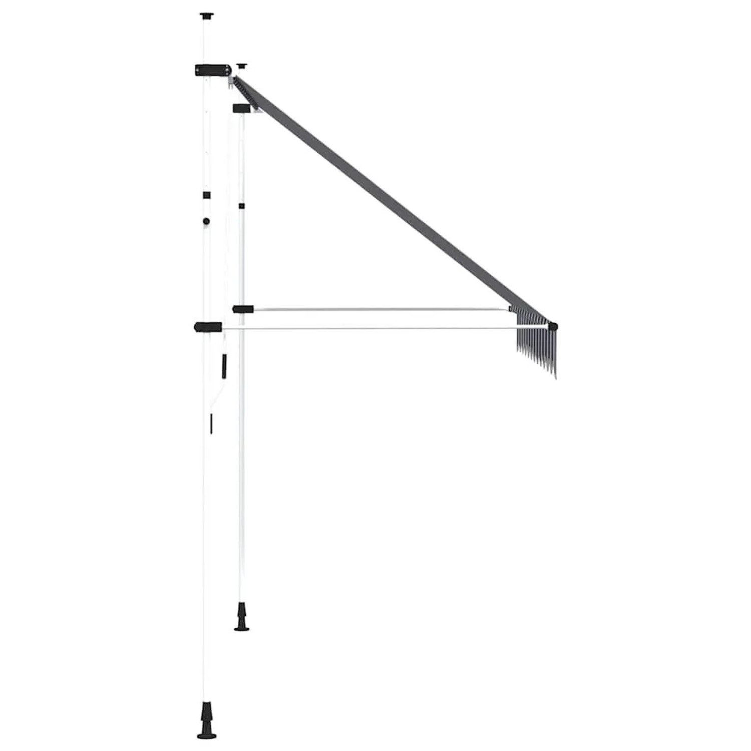 Handbetriebene Markise, blau-weiß gestreift, 250 cm breit, mit Stahlrahmen.