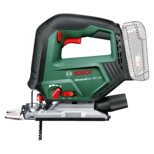 Grüne Bosch Akku-Stichsäge Advanced-Saw 18V-140 mit Sägeblatt, bürstenlosem Motor und Akku-Anschluss.