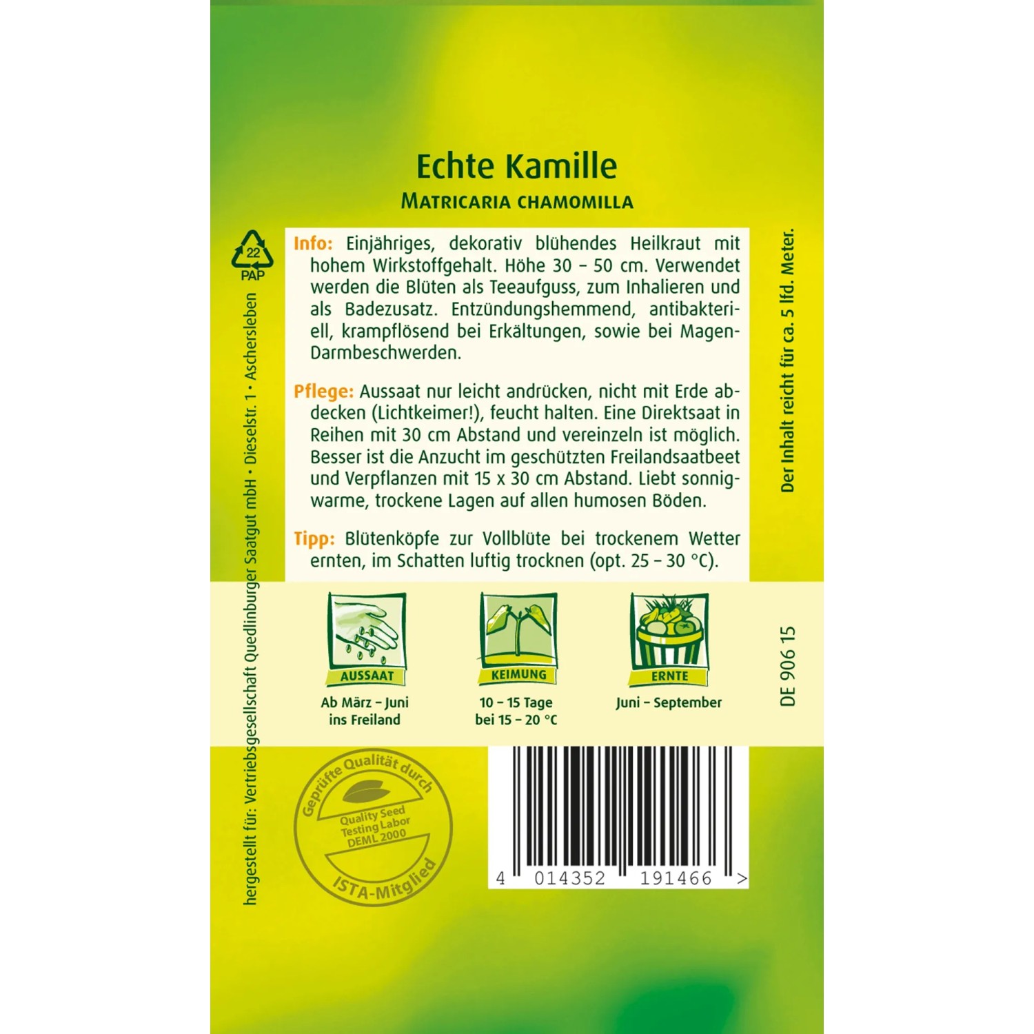 Samentüte Quedlinburger Echte Kamille 'Bodegold', einjähriges Heilkraut für Tee und mehr.