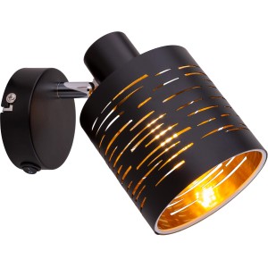 Schwarze Globo Wandleuchte Tunno aus Metall mit goldfarbener Innenseite und Dekorstanzungen.