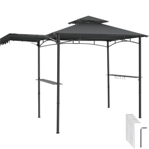 Anthrazitfarbener Tectake Grillpavillon mit Markise, Doppeldach und Flaschenöffner.