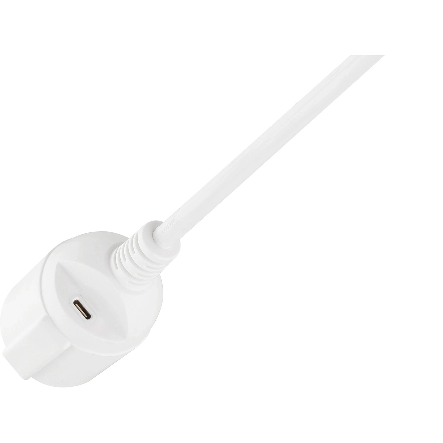 Weißes Schutzkontakt-Verlängerungskabel mit USB-C Anschluss, Teil einer Steckdosenleiste.
