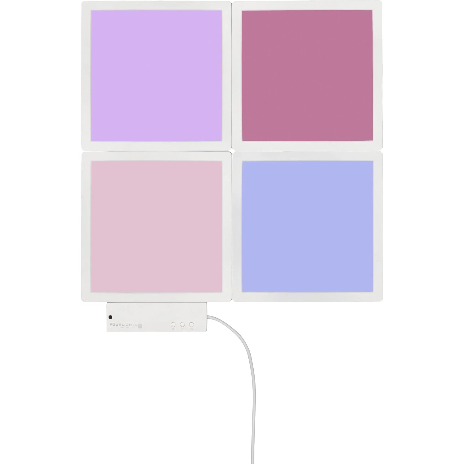 Wofi LED-Lichtkacheln Basis-Set mit 4 RGB-Panels in Lila, Pink, Rosa und Blau.