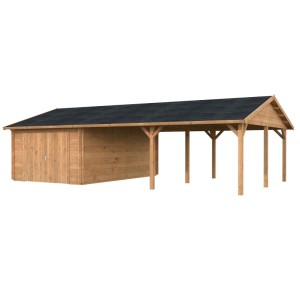 Palmako Garage Roger mit Holztor, 956x550 cm, hellbraun, tauchgrundiert. Holzgarage mit Carport.