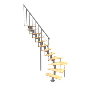 Minka Mittelholmtreppe Comfort Top Turn Buche Grau, Raumspartreppe mit Holzstufen und grauem Geländer.