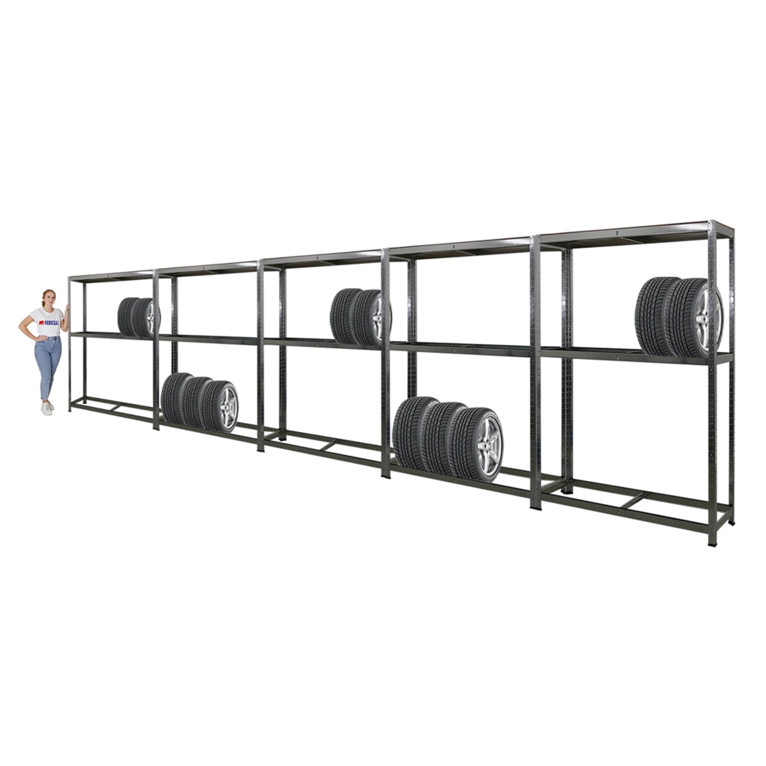 PROREGAL Mega Deal: 5 verzinkte Reifenregale RAGNAR (180x120x40cm) mit Reifen und Frau zur Größenorientierung.