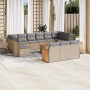 Beige 14-tlg. Garten Sofagarnitur aus Poly Rattan mit hellgrauen Kissen.