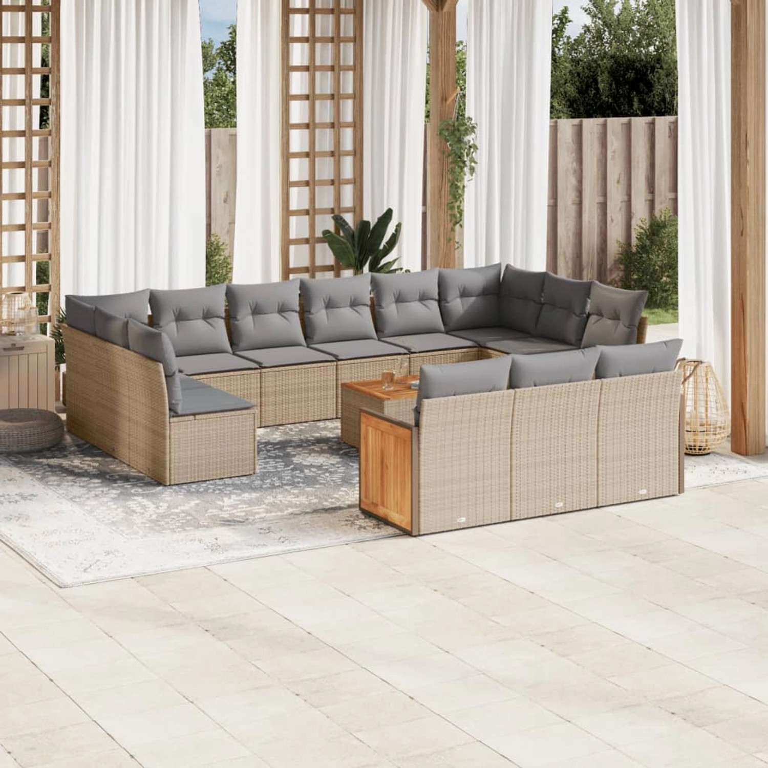 Beige 14-tlg. Garten Sofagarnitur aus Poly Rattan mit hellgrauen Kissen.