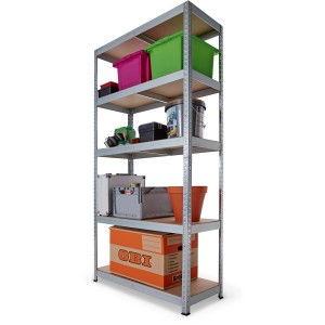 Verzinktes Metall-Schwerlastregal, 180x90x40cm, mit 5 Böden und diversen Gegenständen bestückt.