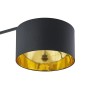 Moderne Bogenlampe Mossa von Arcchio, schwarz mit goldenem Lampenschirm innen.