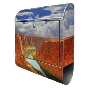 Silberner Briefkasten mit Grand Canyon Motiv und Zeitungsfach. Wandbriefkasten aus pulverbeschichtetem Stahl.