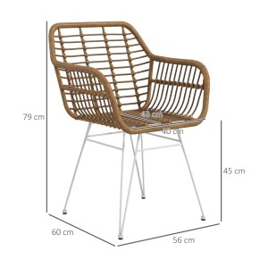 HOMCOM Esszimmerstuhl aus braunem Polyrattan mit geschwungener Rückenlehne, Armlehnen und weißen Metallbeinen. Maße.