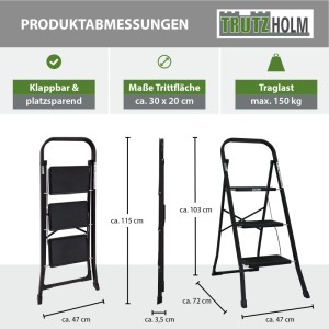 TRUTZHOLM Trittleiter, 3 Stufen, schwarz, klappbar mit Maßangaben