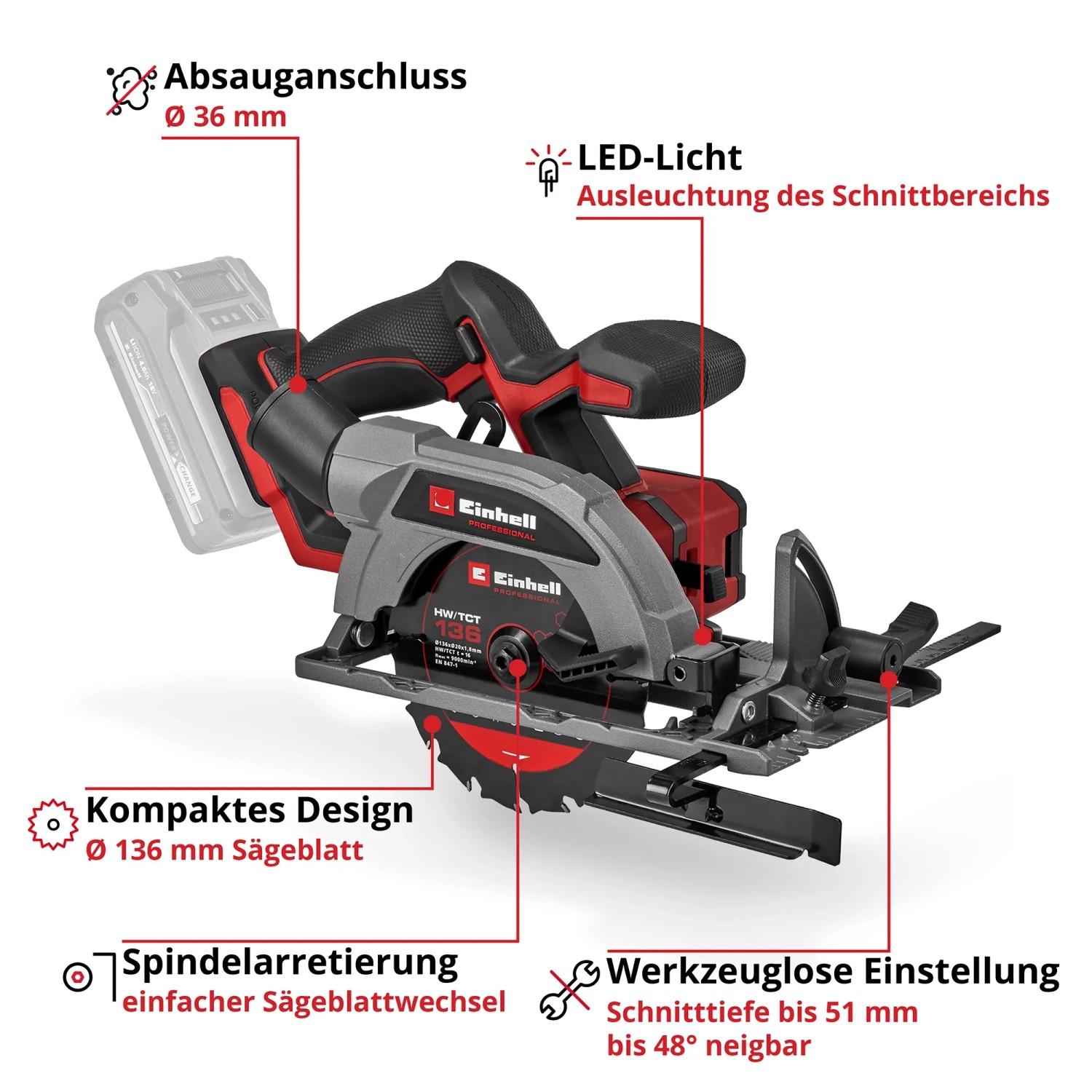 Einhell Akku-Handkreissäge TP-CS 18/136-C Li BL Solo, mit 136mm Sägeblatt, werkzeuglose Einstellung.