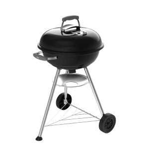 Schwarzer Weber Holzkohlegrill Compact Kettle 47 cm mit Deckel und Rädern.