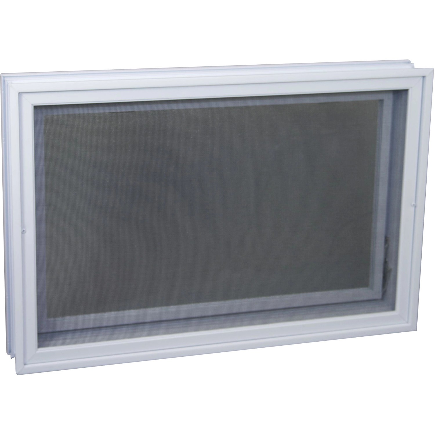 Weißes Lüftungsfenster mit Fliegengitter für Glasbausteine 19x19x8 cm.