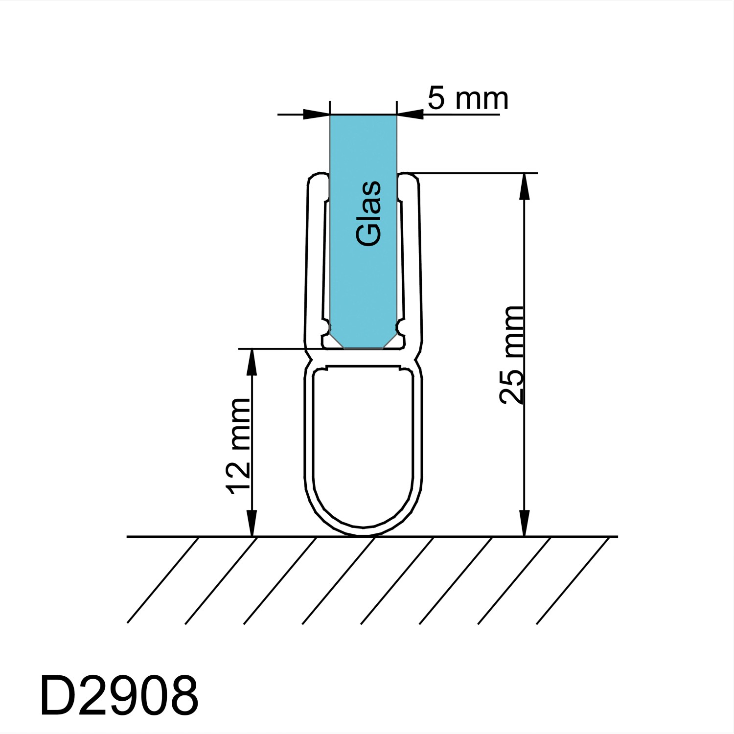 Technische Zeichnung einer Schulte Dichtung für Duschabtrennung, Maße: 25x12 mm, Glasstärke 5 mm.