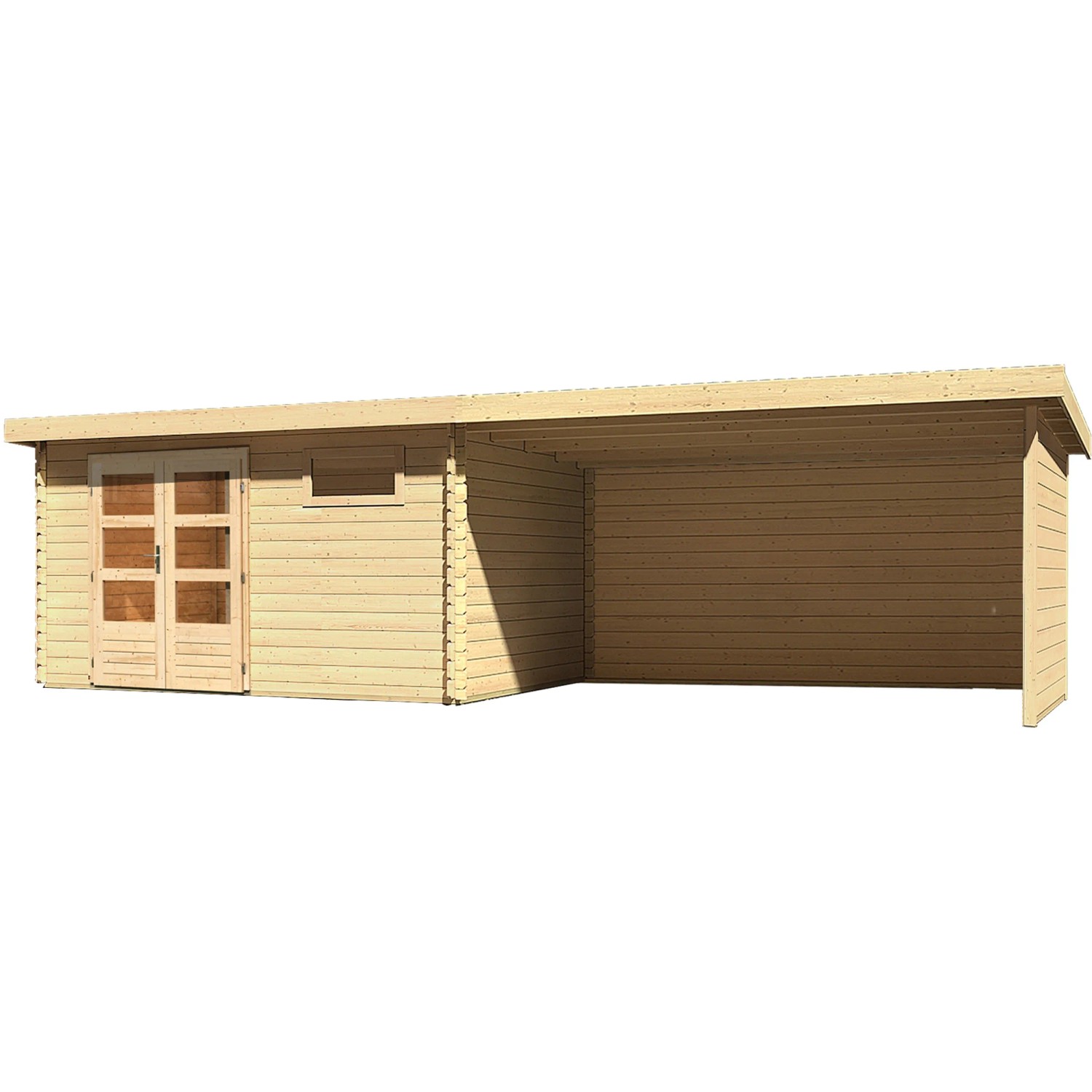 Unbehandeltes Karibu Holz-Gartenhaus Ängelholm mit Pultdach und Anbau.