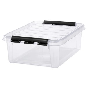 Transparente SmartStore Aufbewahrungsbox Classic 20 l mit Deckel und schwarzen Clips.