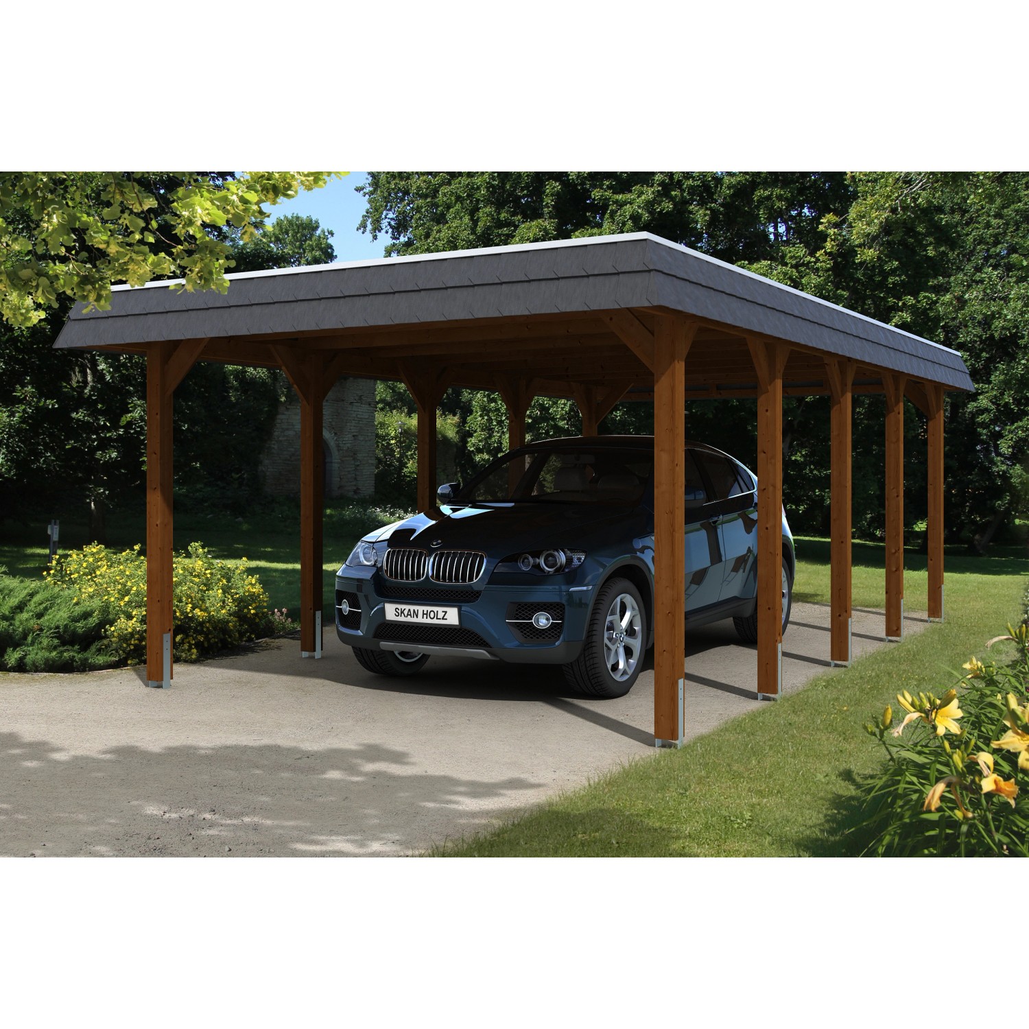 Skan Holz Carport Spreewald 396 cm x 741 cm schwarze Blende Nussbaum günstig online kaufen