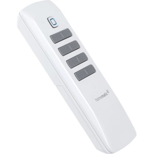 Weiße Homematic IP Fernbedienung mit 8 Tasten für Hausautomation. Steuert Smart Home Geräte, schaltet und dimmt Leuchten.