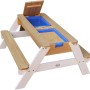 Axi Nick Sand- & Wasser-Picknicktisch, braun-weiß, mit Sonnenschirm. Spieltisch mit Sandkasten und Picknickfunktion.
