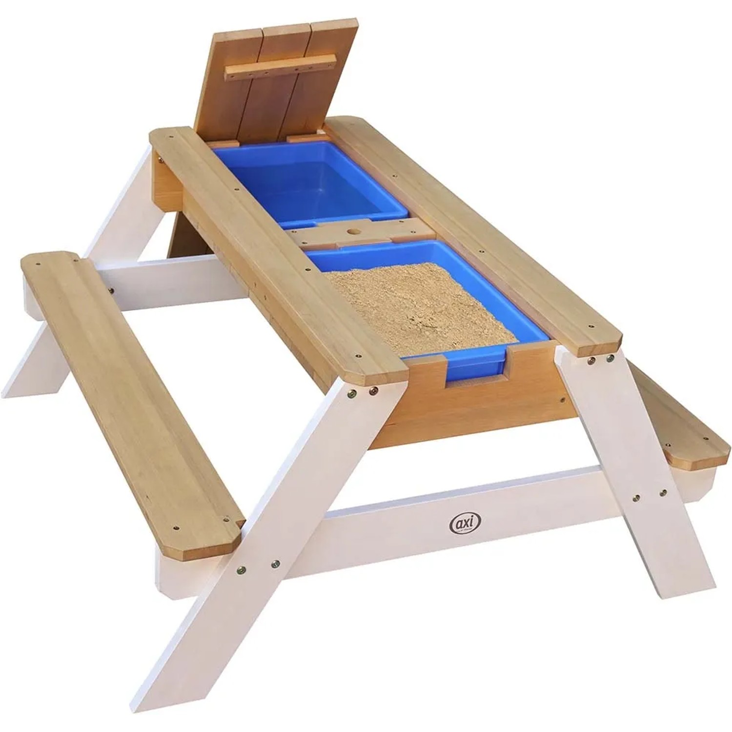 Axi Nick Sand- & Wasser-Picknicktisch, braun-weiß, mit Sonnenschirm. Spieltisch mit Sandkasten und Picknickfunktion.