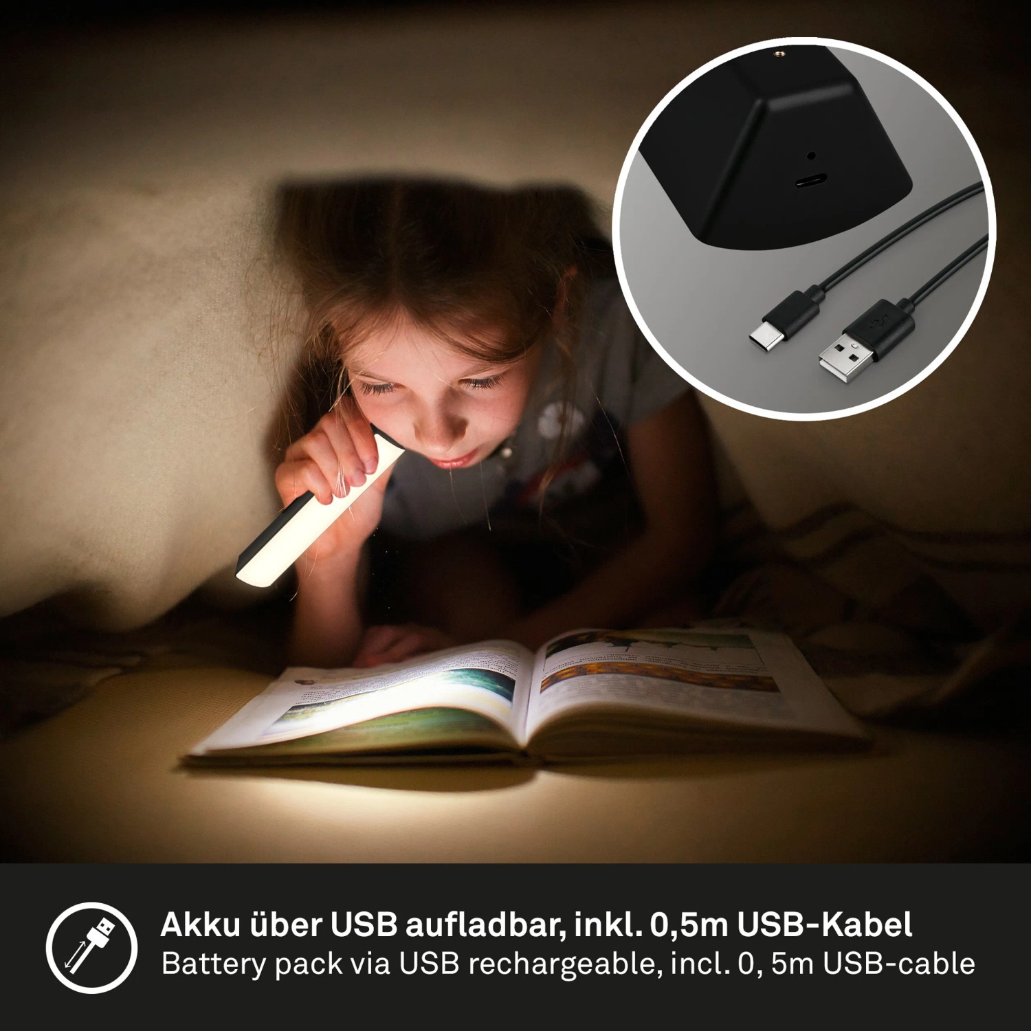 Mädchen liest mit Brilo Akku Tischleuchte Zadar. Inkl. USB-Ladekabel und Ladestation.