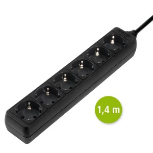 Schwarze Hama Steckdosenleiste mit sechs um 45° gedrehten Steckdosen und 1,4 m Kabel.