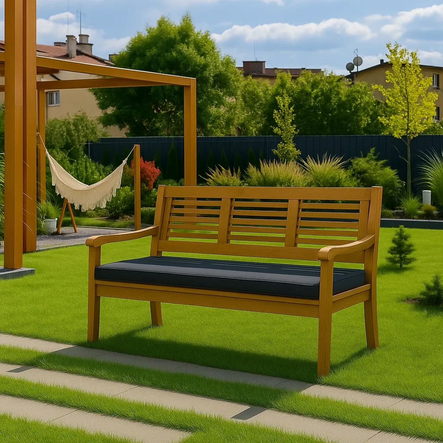 Anthrazitfarbenes Gartenbank Kissen 100x60 cm für 2-Sitzer Bänke im Garten.